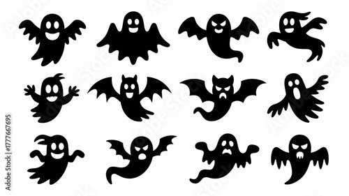 halloween ghost vector illustration featuring a set of unique silhouettes of ghost designs.silhouette, dog, ghost, black-and-white, cartoon, creepy, 