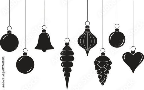 Festive Holiday Decorations Vector Set in Minimalist Black and White Style