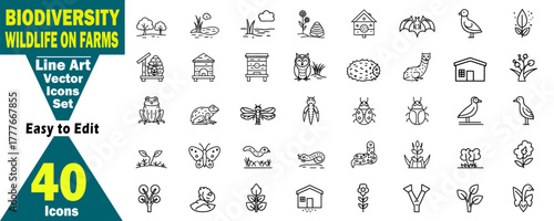 Biodiversity Wildlife On Farms Vector Icon Set. Line Art Agricultural Ecosystems, Habitats Conservation, Native Flora Fauna, Support Pollinators, Pest Control Biodiversity illustration. 