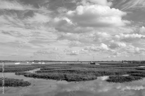 Black and white image of the River Crouch at Brandy Hole, Hullbridge, Essex, England, United Kingdom