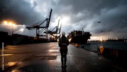 Woman at shipping port overseeing cargo vessel with cranes and dark sky.