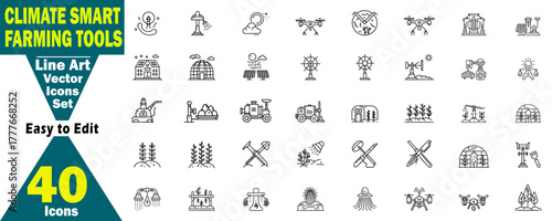 Climate Smart Farming Tools Icon Set: Sustainable Agriculture, Automation, and Technology Line Art Vectors for Modern Farming Practices vector illustration. 