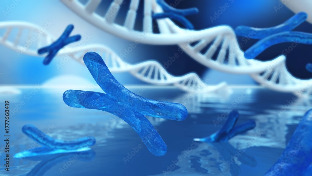 Naklejka premium X chromosome against the background of DNA. Chromosomes and DNA. 3D rendering