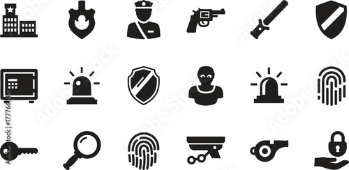 Law enforcement and security related glyph icons on white background