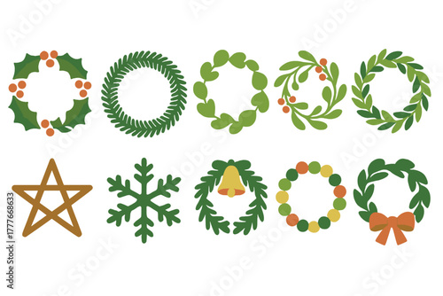 Decorative holiday wreaths and symbols arranged in a festive design for seasonal celebrations