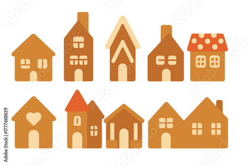 Colorful gingerbread houses arranged in a playful layout showcasing various decorations and styles