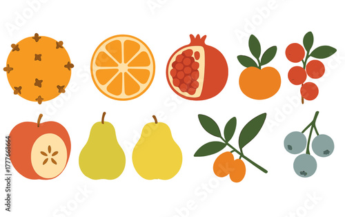 Colorful arrangement of various fruits including apples, oranges, pears, and berries displayed in a vibrant design