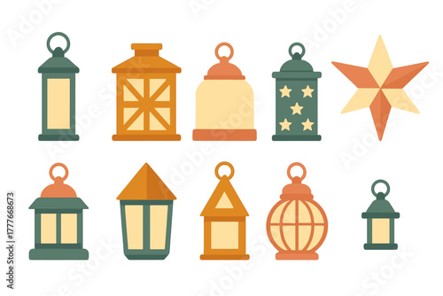 Colorful lanterns and star decorations in various styles for festive occasions
