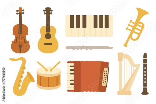 Musical instruments collection featuring strings, percussion, and woodwinds on a simple background