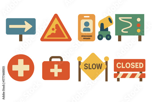 Road signs and symbols indicating various messages and instructions for drivers and pedestrians in a visually appealing style