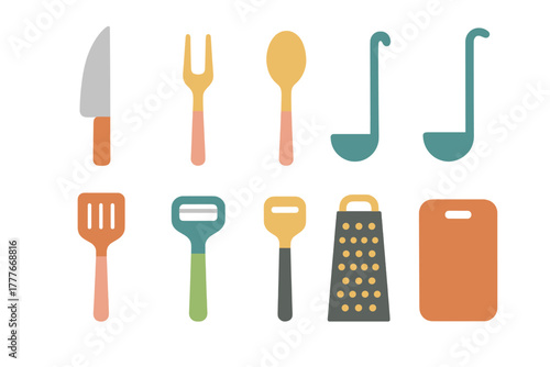 Colorful kitchen utensils set displayed on a clean white background with various tools for cooking and food preparation arrangement