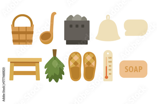 Items commonly found in a traditional sauna environment with a focus on relaxation and wellness rituals