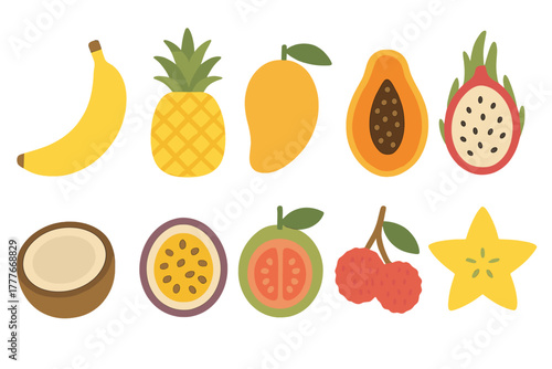 Colorful assortment of tropical fruits arranged in a playful design on a white background