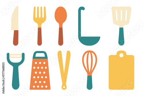 Kitchen utensils collection in various colors and shapes displayed on a clean background