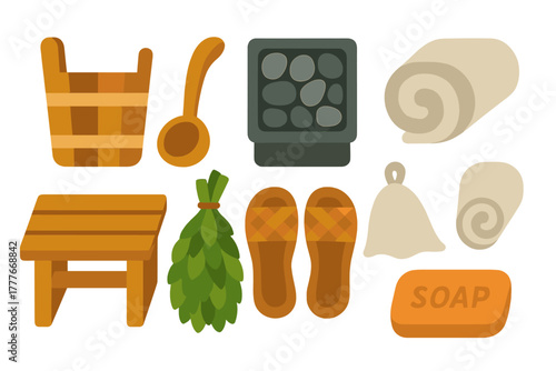 Various sauna essentials including wooden items, herbal bundles, and bath accessories laid out on a white background