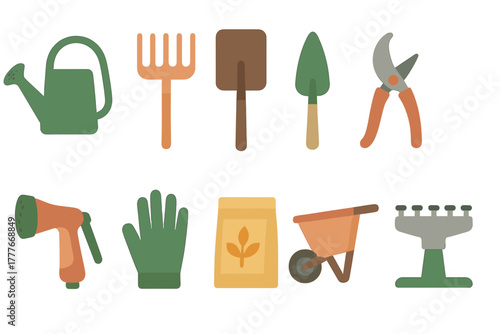 Collection of essential gardening tools for planting and maintenance in outdoor spaces