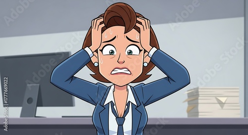 Overwhelmed Businesswoman Cartoon: Stressed Professional Woman in Office Suffering from Anxiety, Burnout, and Work Pressure