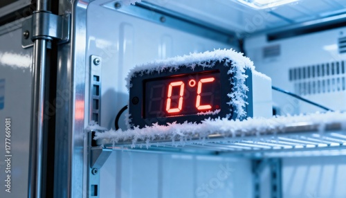 Icy Digital Display: The precision of a digital display illuminates within the frigid expanse of a freezer, showcasing a crisp 0°C reading amidst a frost-covered landscape.