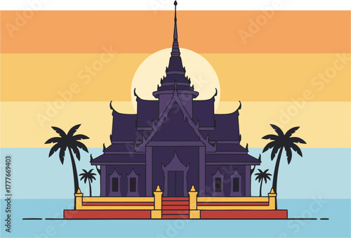 Vibrant tropical sunset over an ancient temple with palm trees, representing cultural heritage and serene travel destinations in a stylized flat design illustration