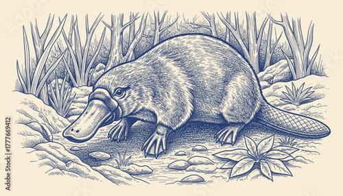 Hand drawn illustration of a platypus exploring a forest stream surrounded by plants and rocks in nature