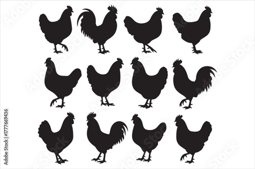 Silhouettes of various chickens and roosters in a simple arrangement