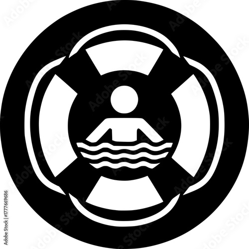 Safety First: An emblem featuring a swimmer within a life ring, symbolizing protection and adherence to safety protocols. A clear message of caution and guidance.