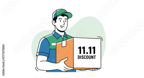 A delivery man holding a box with a discount offer for eleven eleven sales event in a vector illustration
