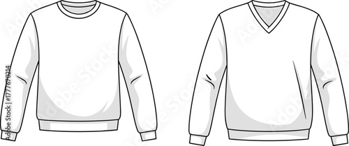 White crew neck and V‑neck sweatshirt vector illustration, casual fashion clothing template, unisex apparel design, blank mockup for branding presentation