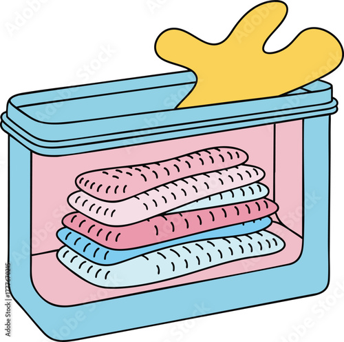 A bright, stylized illustration of a teal storage container filled with neatly folded pastel-colored towels