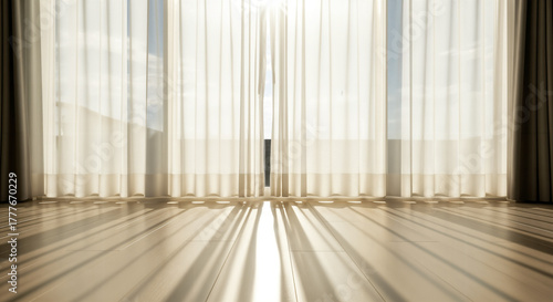 Soft Morning Light Through Sheer Curtains Indoor view, generative ai