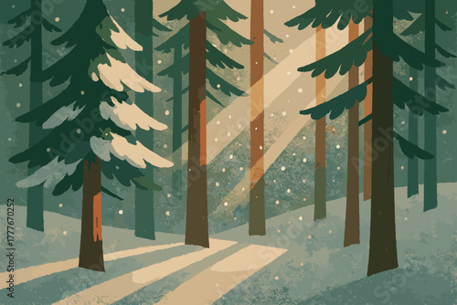 Serene chinese typography snowy pines vector geometric workstation text no modern tools