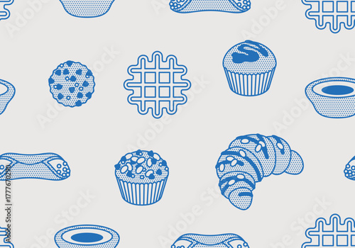 Seamless pattern of pastry. Line art, minimalist style. Vector illustration. Bakery collection. 