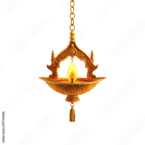 Golden hanging lantern with burning flame on transparent background