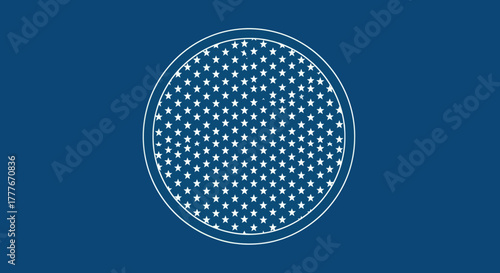 Blue backdrop featuring a white circle filled with white stars