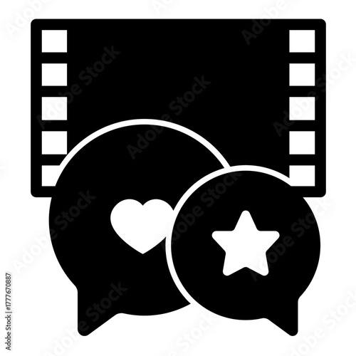 Movie positive review solid icon, positive review concept. Vector graphics. Film popup bubbles with star and heart shape sign on white background, style icon mobile or web design.