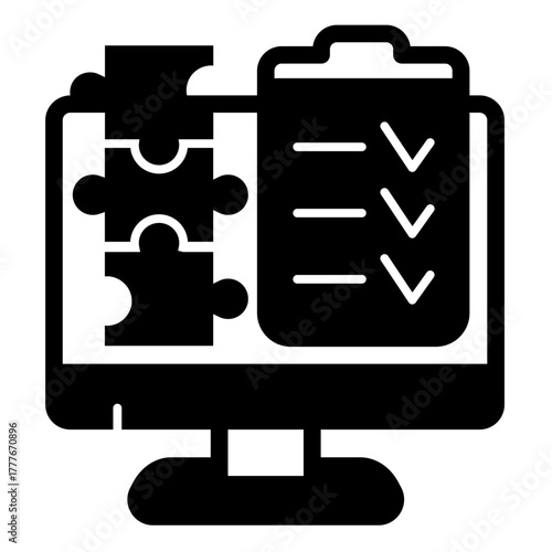 Monitor with checklist of puzzle pieces solid icon, data hoarding concept. Vector graphics. Content creation list sign on white background, style icon mobile or web design.