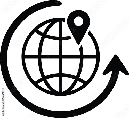 Global connectivity vector illustration with location pin, rotating world arrow, navigation, travel, logistics, worldwide map, international communication design