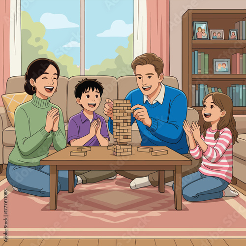 A Happy Family Spending a Joyful Afternoon Playing Jenga Together, Laughing, Bonding, and Creating Precious Memories at Home