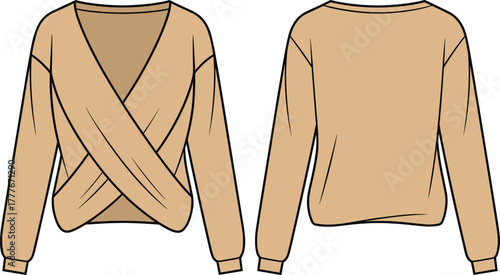 Fashion vector illustration of women’s long sleeve wrap top with puffed cuffs, deep V neckline, stylish blouse front and back views