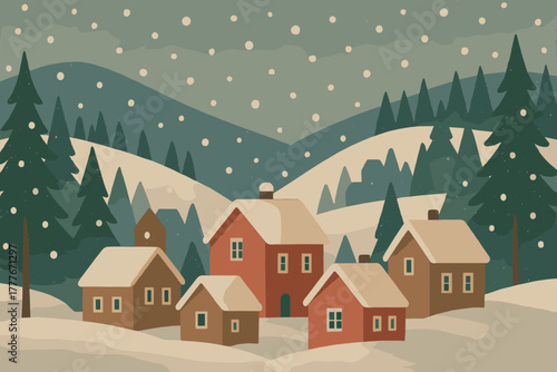 Snowy models sustainable full illustration icon labels text geometric vector village no