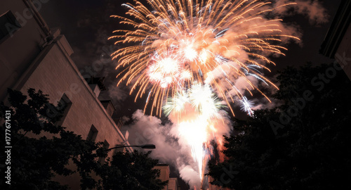 Spectacular night fireworks burst illuminating dark sky above city buildings creating vibrant celebratory atmosphere for holidays and events