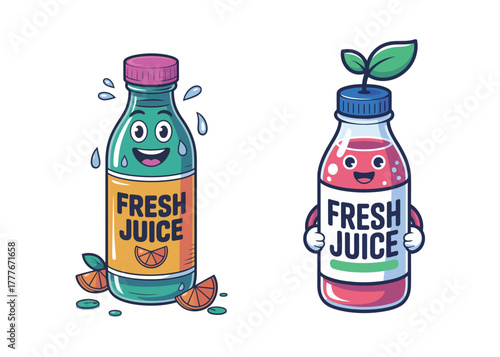 Happy cartoon juice bottles offering a refreshing taste and vibrant energy for your next healthy living project