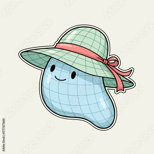 A cute, stylized blob character with a happy expression wears a green sunhat with a pink ribbon