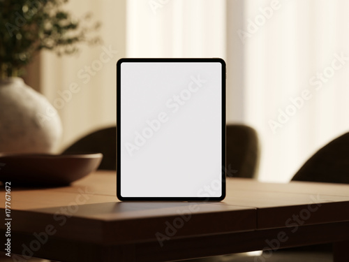 Empty tablet on elegant wooden table with soft shadows and light.