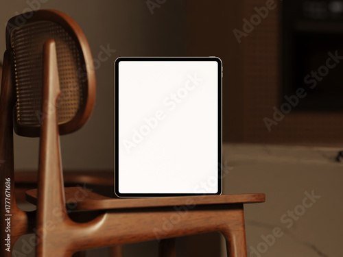 Minimal tablet mockup on a wooden surface with soft lighting.