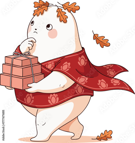 A cute, white, round character with a red patterned cape and autumn leaves in its hair thoughtfully carries a stack of pink gift boxes