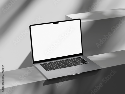 Modern laptop with shadows from leaves on the desk surface