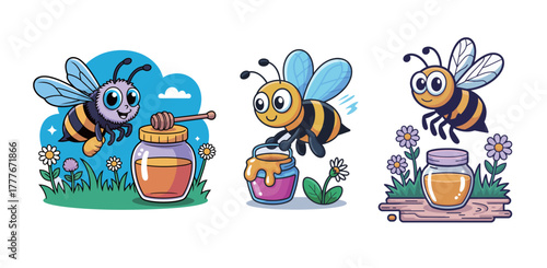 Charming cartoon bees enthusiastically collecting sweet golden honey from jars amidst colorful flowers and lush green grass