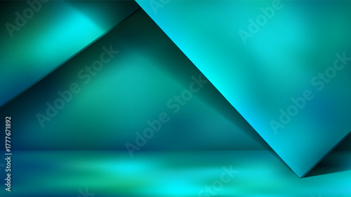 Geometry dark turquoise studio background with light and shadow spots. Empty scene with walls of blue green gradient color and asymmetrical angles. Vector horizontal HD mockup for product display.