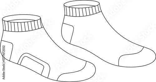 Black and white vector illustration of ankle socks with ribbed cuff, heel and toe reinforcement, fashion accessory, footwear design element